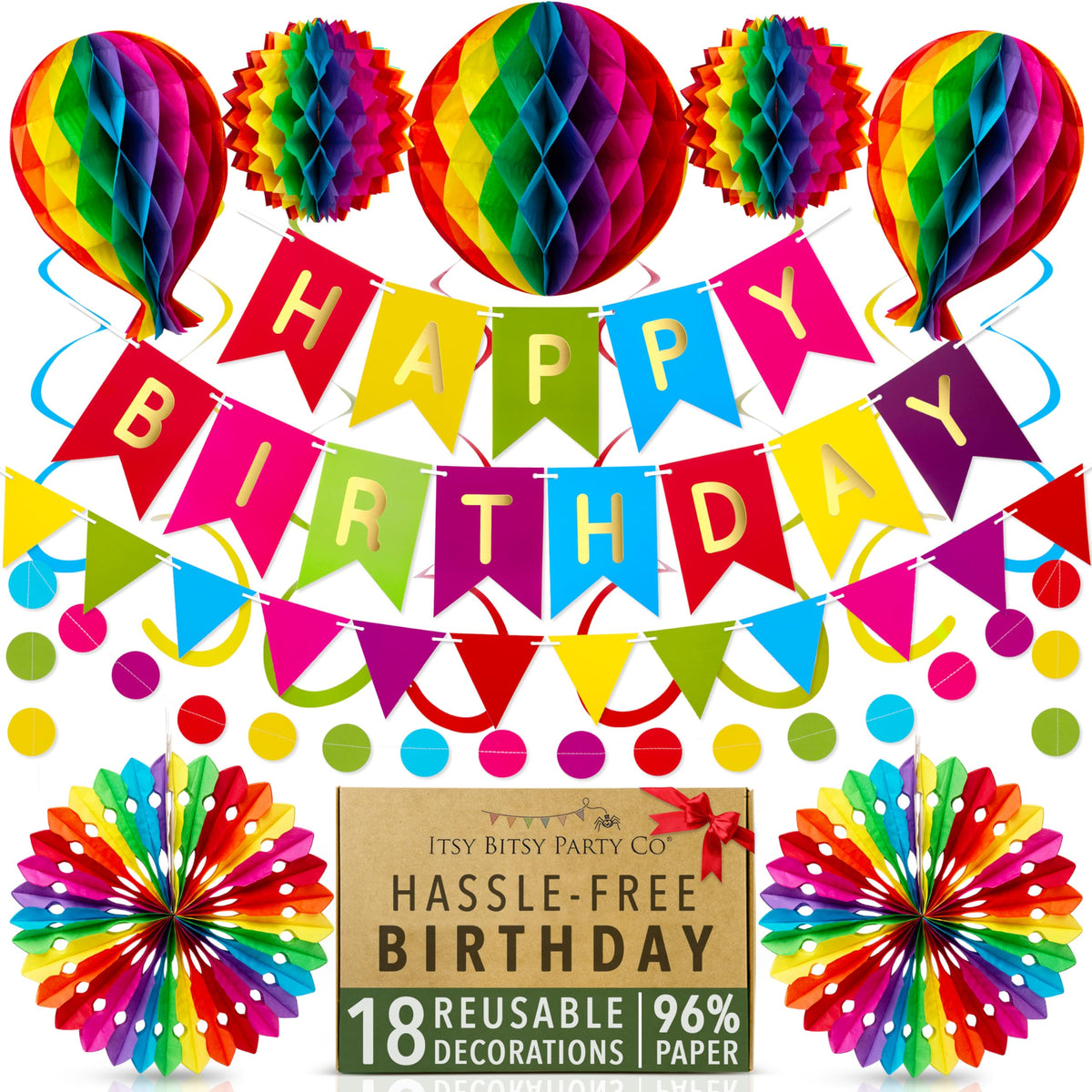 Premium Reusable Birthday Decoration Set - Honeycomb Paper Party Decorations, Happy Birthday Banner, Bunting, Streamers - Decor for Girls, Boys, Women