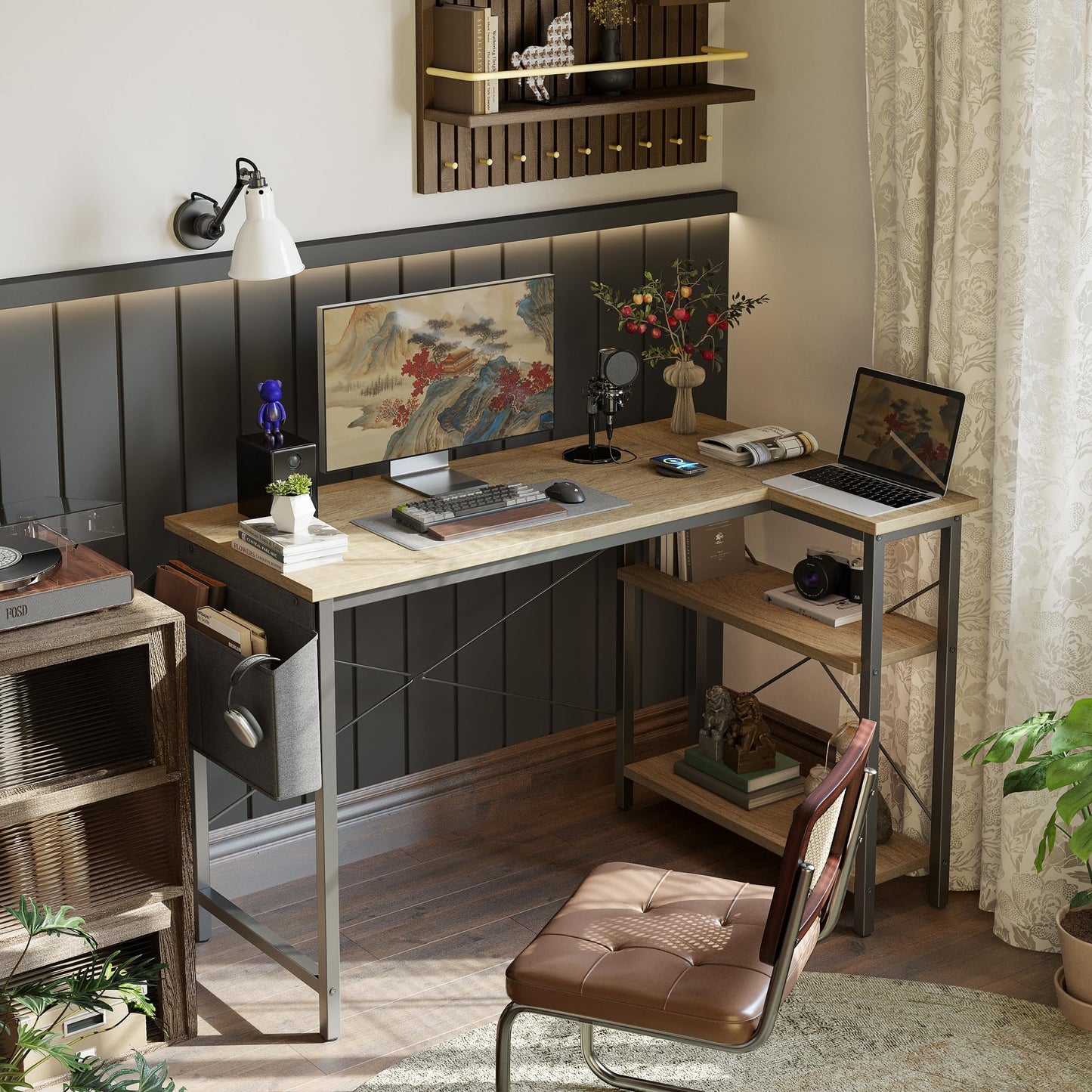BEXEVUE L Shaped Corner Desk - 100x70 cm Study Office Gaming Desk, Computer Desk Small Writing Table, Large Reversible Storage Shelves, Bookshelf
