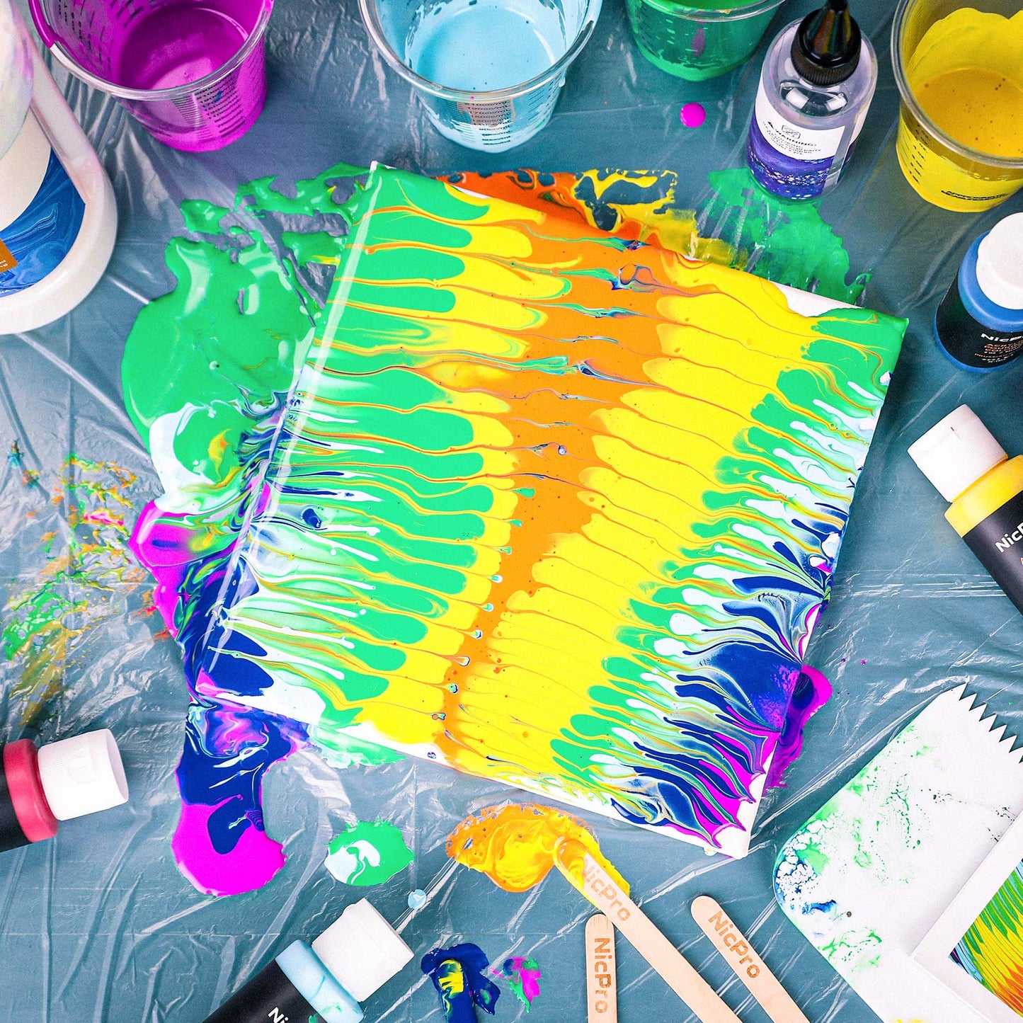 Nicpro Acrylic Pour Kit, Artist Starter Supplies Including 19 Colors Acrylic Paints, Pouring Medium, Silicone Oil, Canvases, Gloves, Strainers,