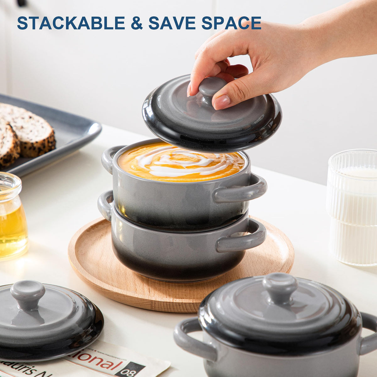 LOVECASA Small Casserole Dish for Oven,12 OZ Ceramic Mini Cocotte Set,French Onion Soup Bowls with Lids and Handle,Ramekins for Stews,Lasagna,Set of 4