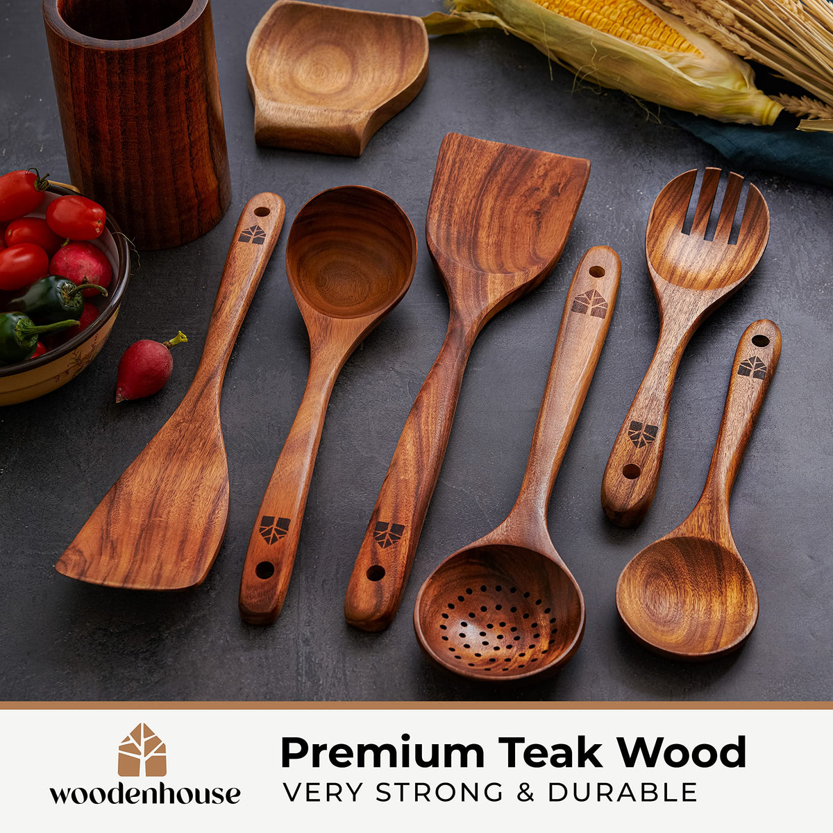 Wooden Spoons for Cooking  Wooden Utensils for Cooking Set with Holder, Spoon Rest & Hanging Hooks, Teak Wood Nonstick Kitchen Cookware  Durable Set