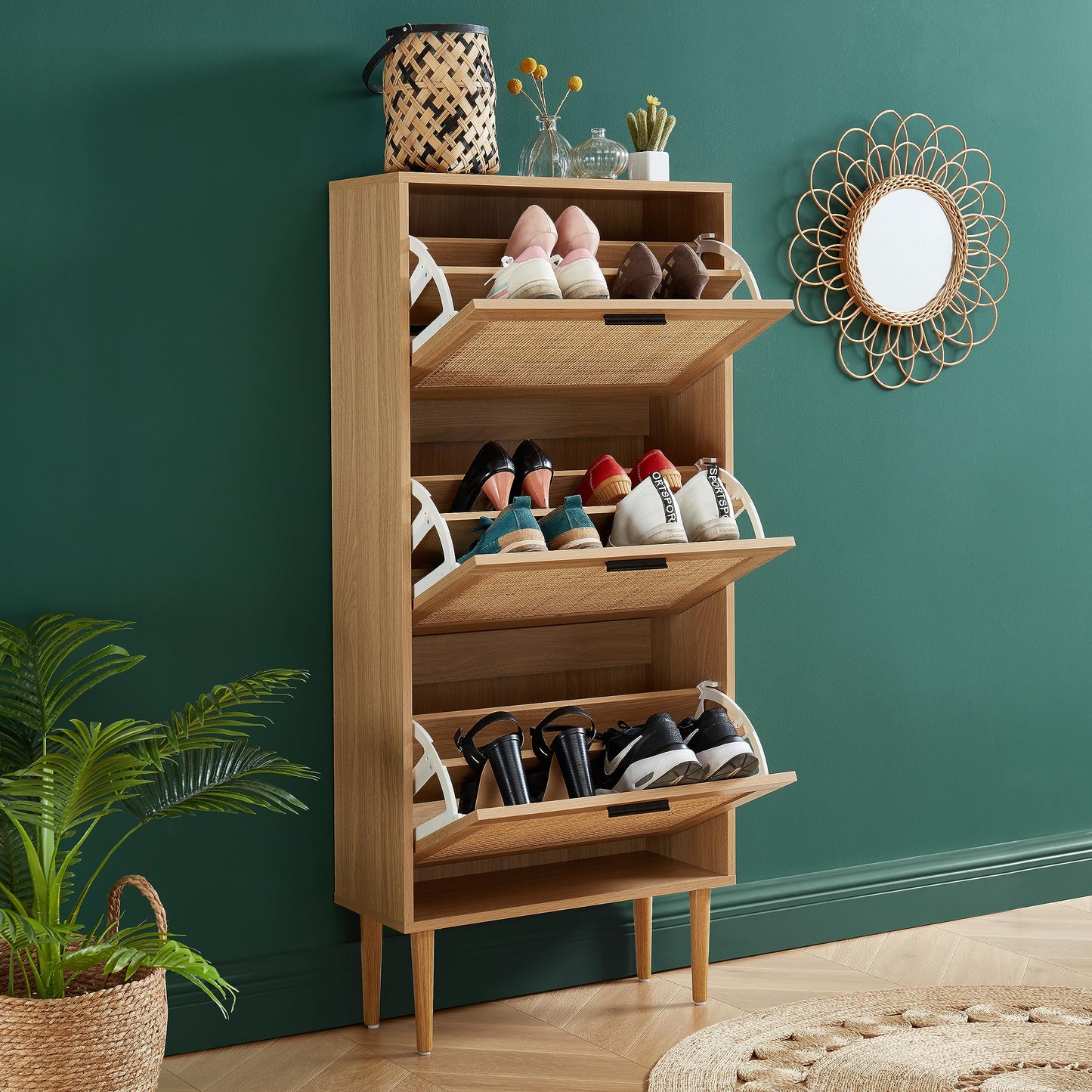 BAÏTA AMANA Shoe Cabinet in oak effect and rattan cane weave, 60cm