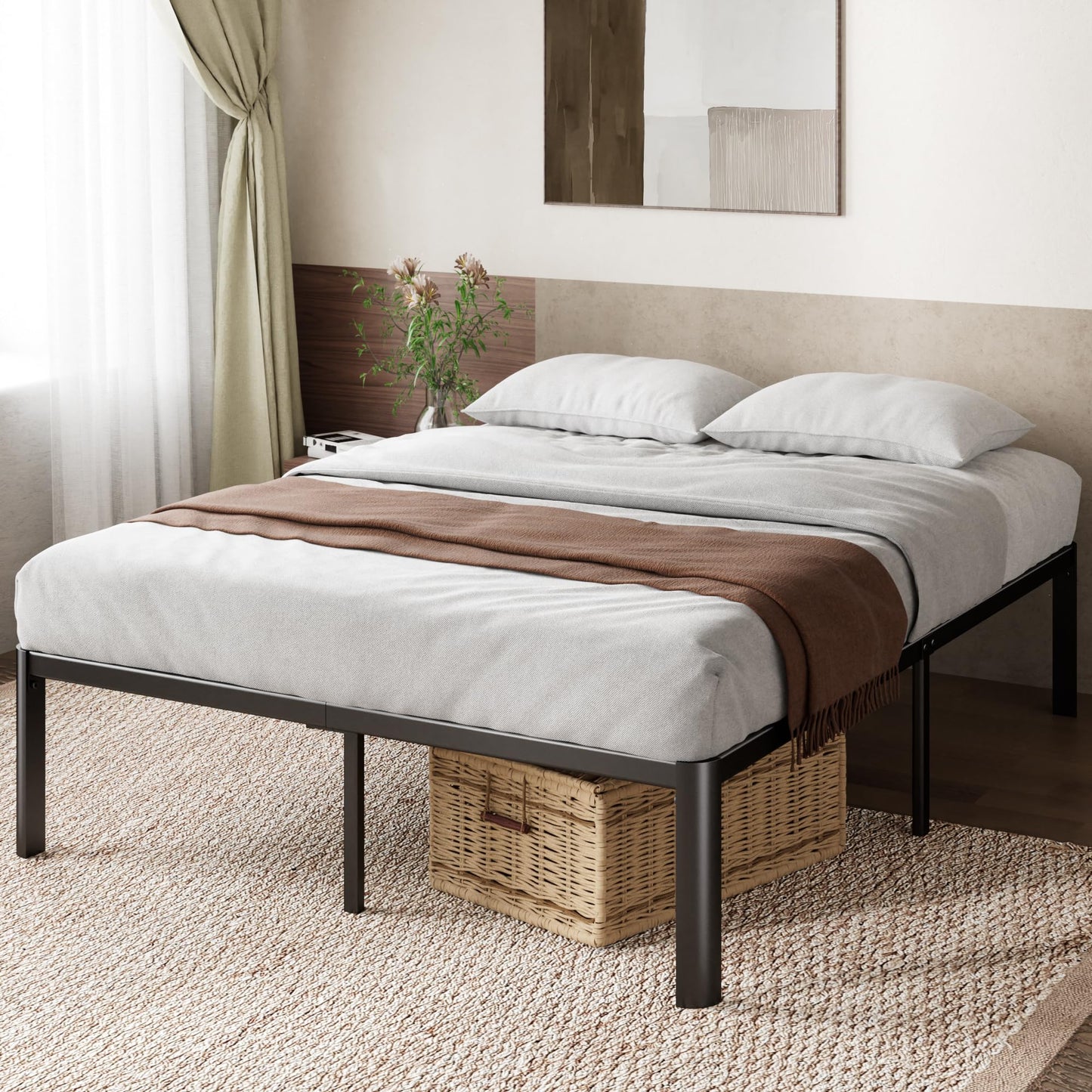 Zinus Van King size Bed frame - Bed 150x200 cm - 41 cm Height with Underbed Storage - Metal Platform Bed frame - Black