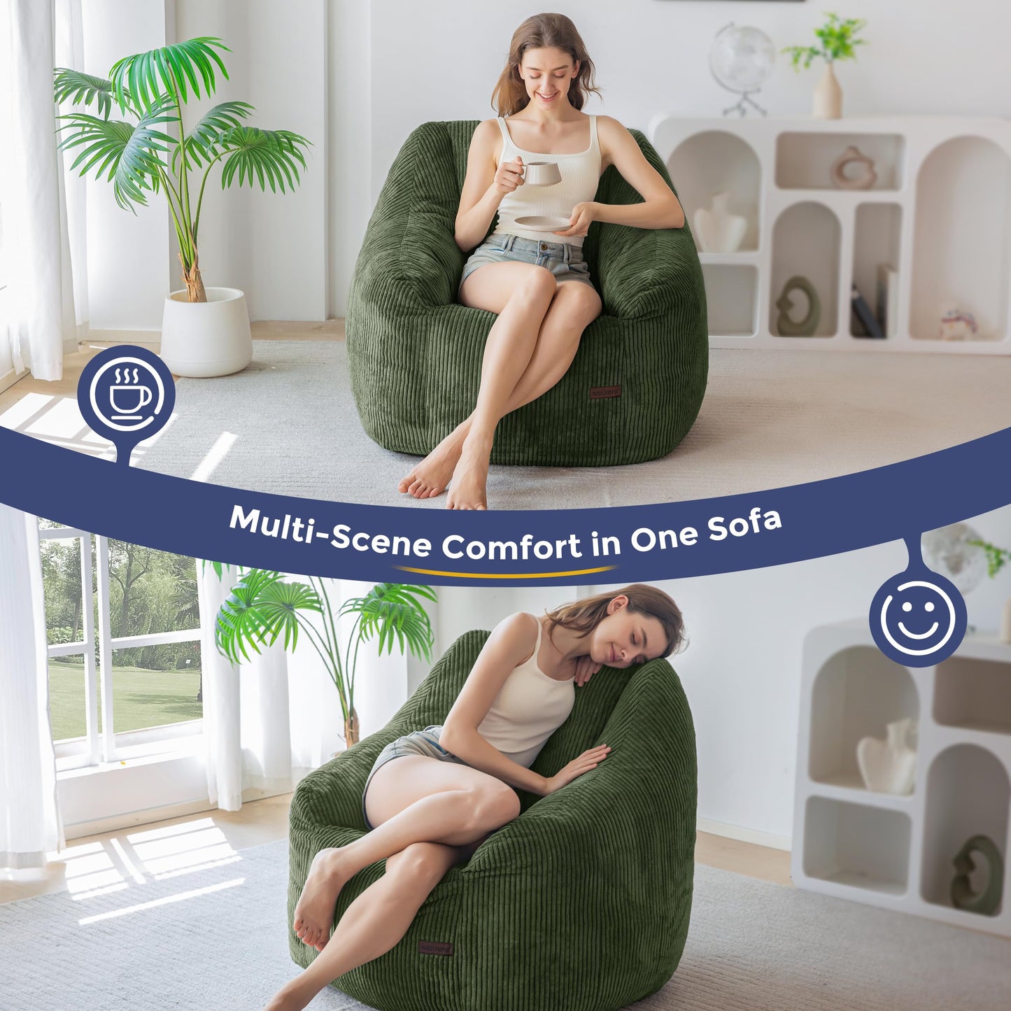 MAXYOYO Bean Bag Chair for Adults or Children, Soft Floor Single with Filling, Comfy Bean Bag Sofa with Back Support, Accent Chair