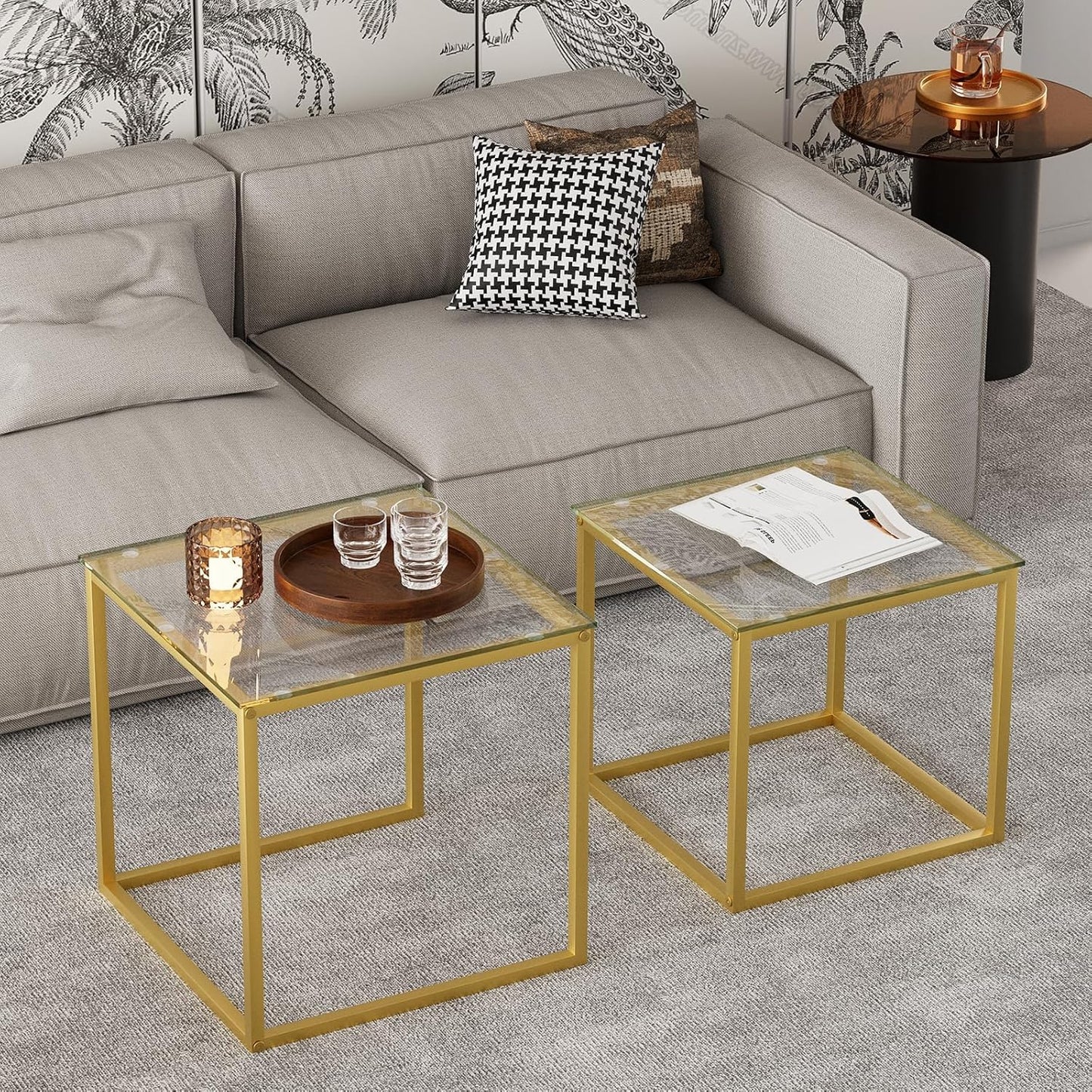 Huhote Nesting Tables, Set of 2 End Table, Coffee Tables, Glass Side Table