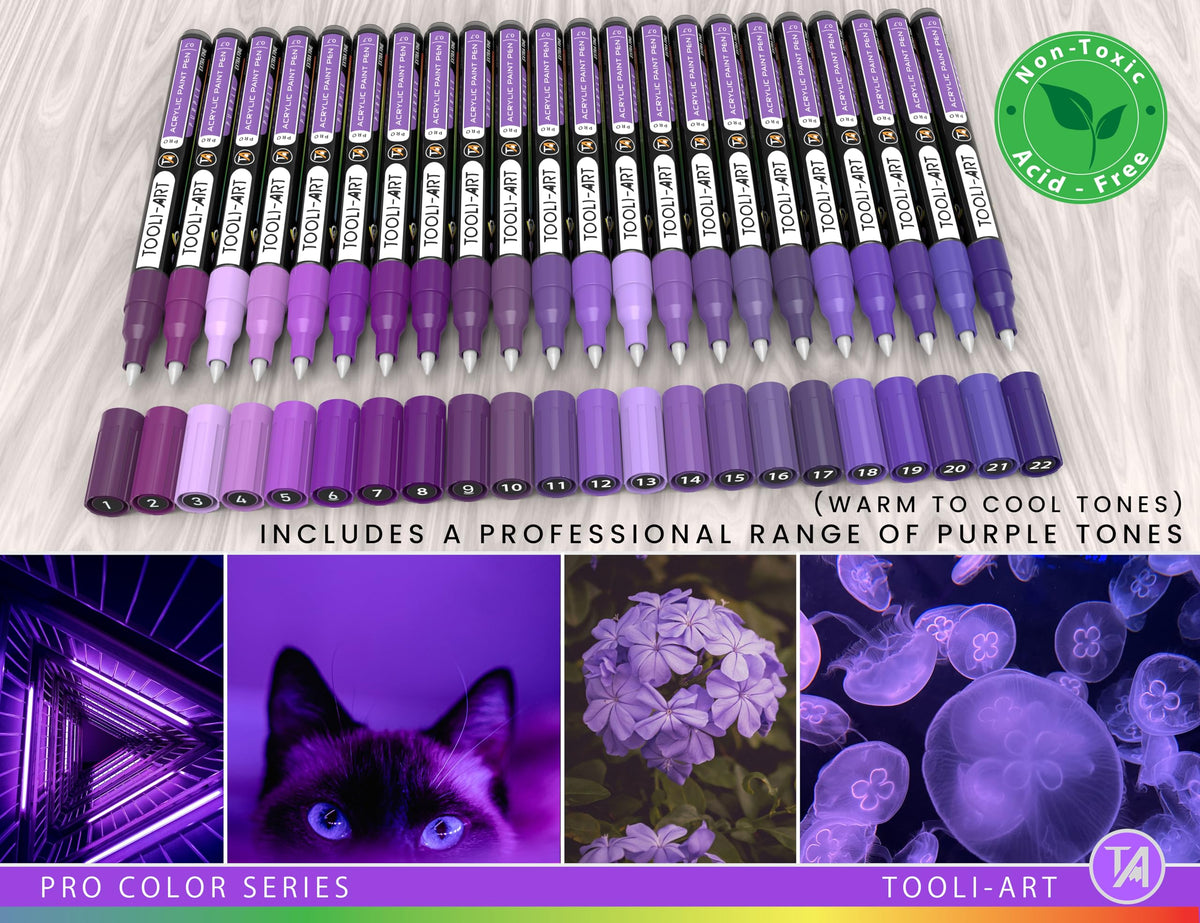 Acrylic Paint Pens 22 Purple Tones Assorted Pro Colour Series Markers Set 0.7mm Extra Fine Tip for Rock Painting, Glass, Mugs, Wood, Metal, Canvas,