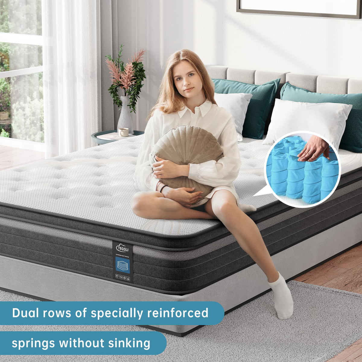 TeQsli Individually Pocket Sprung Double Mattress 4FT6 with Soft Fabric, 10 Inch Hybrid Mattress Double for Pressure & Back Pain Relief