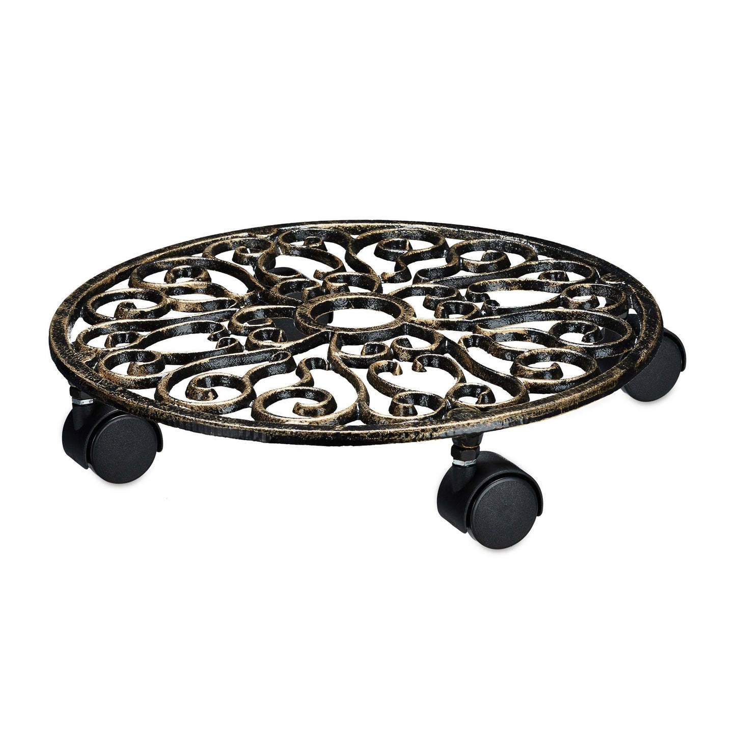 Relaxdays Plant Caddy Cast Iron Round 33.5 Diameter Plant Pot Trolley Metal Mover with Wheels, Metal Plant Dolly in Art Nouveau Style w/ 4 Wheels,