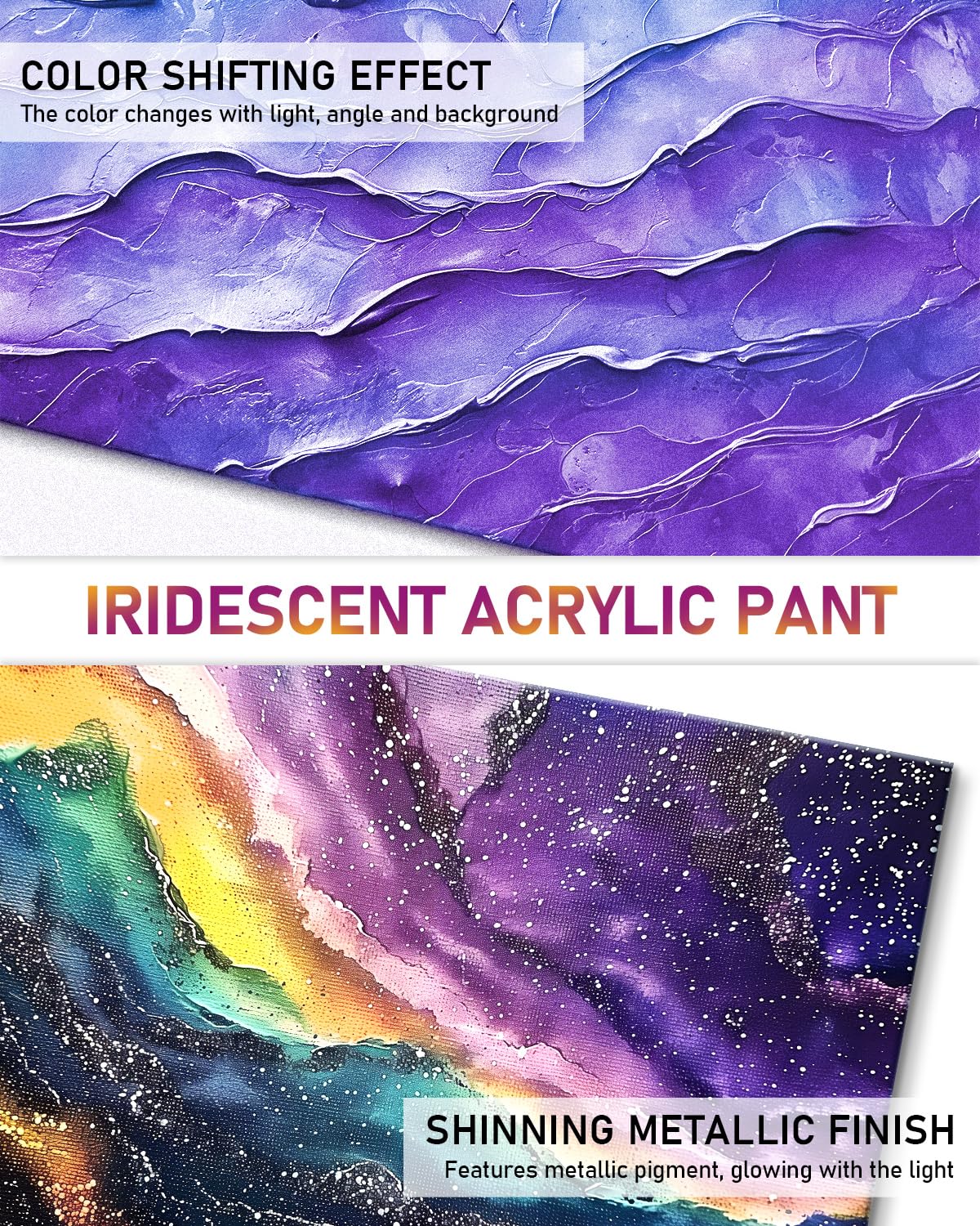 Nicpro 20 Colors Iridescent Acrylic Paint, 8.45oz / 250ml Large Bulk Metallic Acrylic Paint,Color Shifting & Non-Toxic Art Painting Supplies For