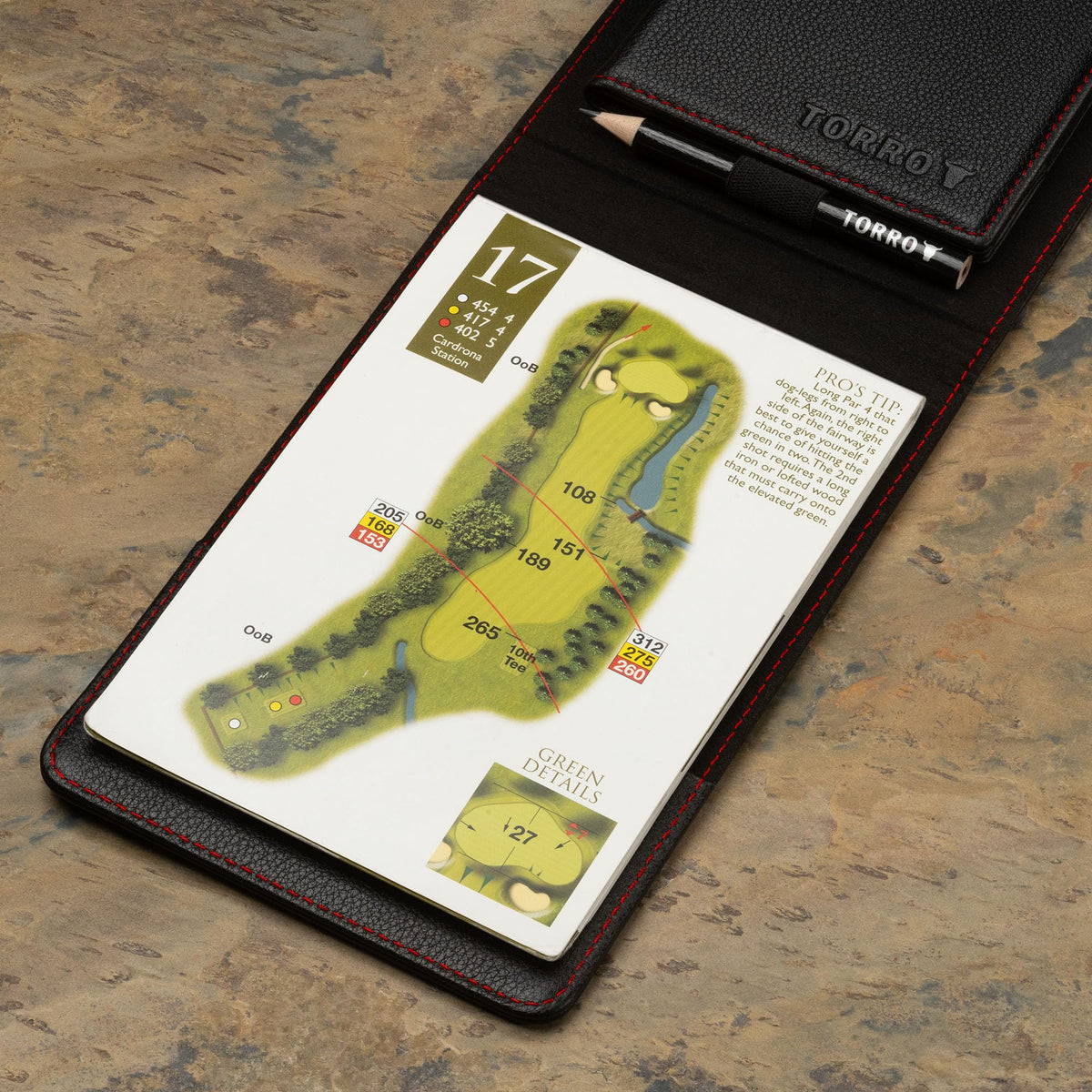 TORRO Golf Scorecard and Yardage Book Holder ? Genuine Leather Golf Score Card and Yardage Wallet with Pencil Loop (Black with Red Detail)