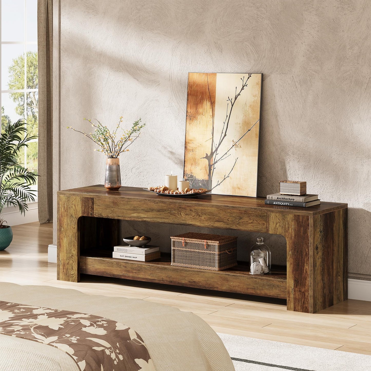 Tribesigns TV Stand for Living Room for 55/60/65/75-Inch TVs, Farmhouse Rustic TV Console with Storage Shelves