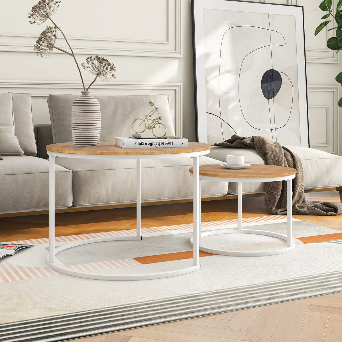BOFENG Round Nesting Coffee Table,Set of 2 End Tables for Living Room/Bedroom/Small Space,Easy Assembly(White+Oakdk, Set of 2)