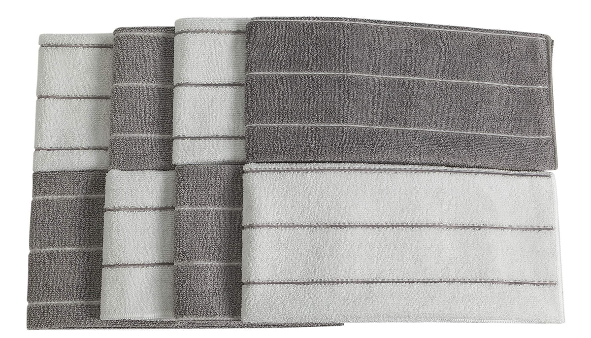 Microfiber Kitchen Towels - Super Absorbent, Soft and Solid Color Dish Towels, 8 Pack (Stripe Designed Grey and White Colors), 26 x 18 Inch