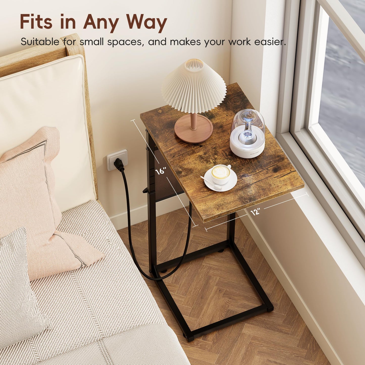 Vagusicc C-Shaped Side Table with Charging Station, Height Adjustable Sofa Side Table, Bedside Table, End Table for Small Spaces