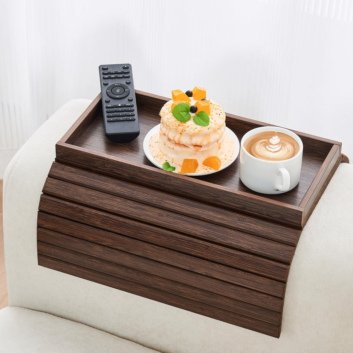 LOVYANXUE Couch Arm Tray, Anti-Falling Bamboo Sofa Armrest Tray Table, Foldable & Portable Armrest Cup Holder Side Table for Drinks, Coffee, Phone