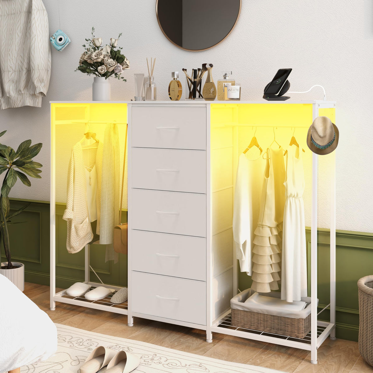 Trironsun 5 Drawer Dresser with Clothes Rack Chest of Drawers with Clothes Rail LED Lights Wardrobe Closet Drawers Charging Station Flexible Shelf