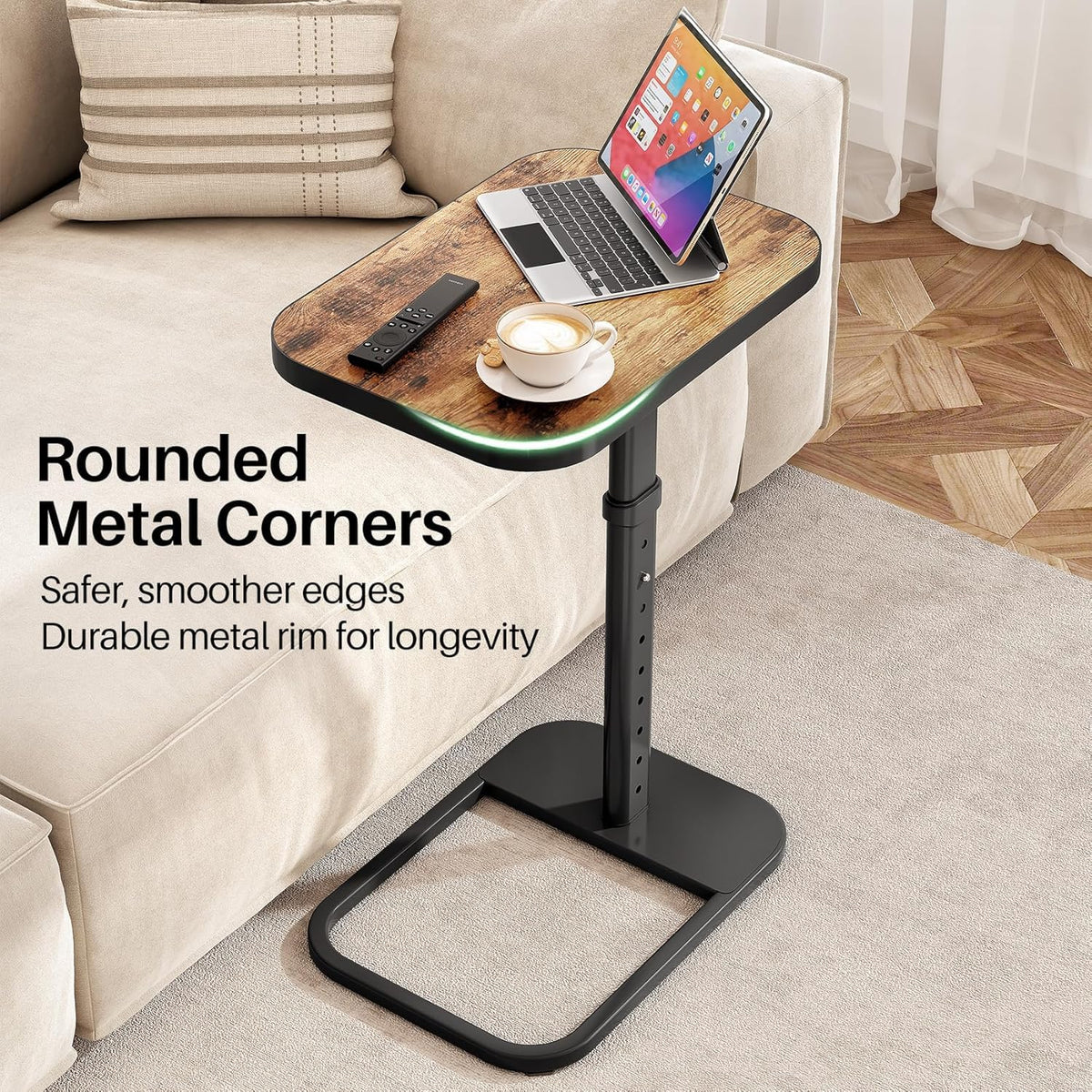 Kitstorack C-Shape Side Table with Adjustable Height & Flip Top, Rounded Corners Small Space End Table