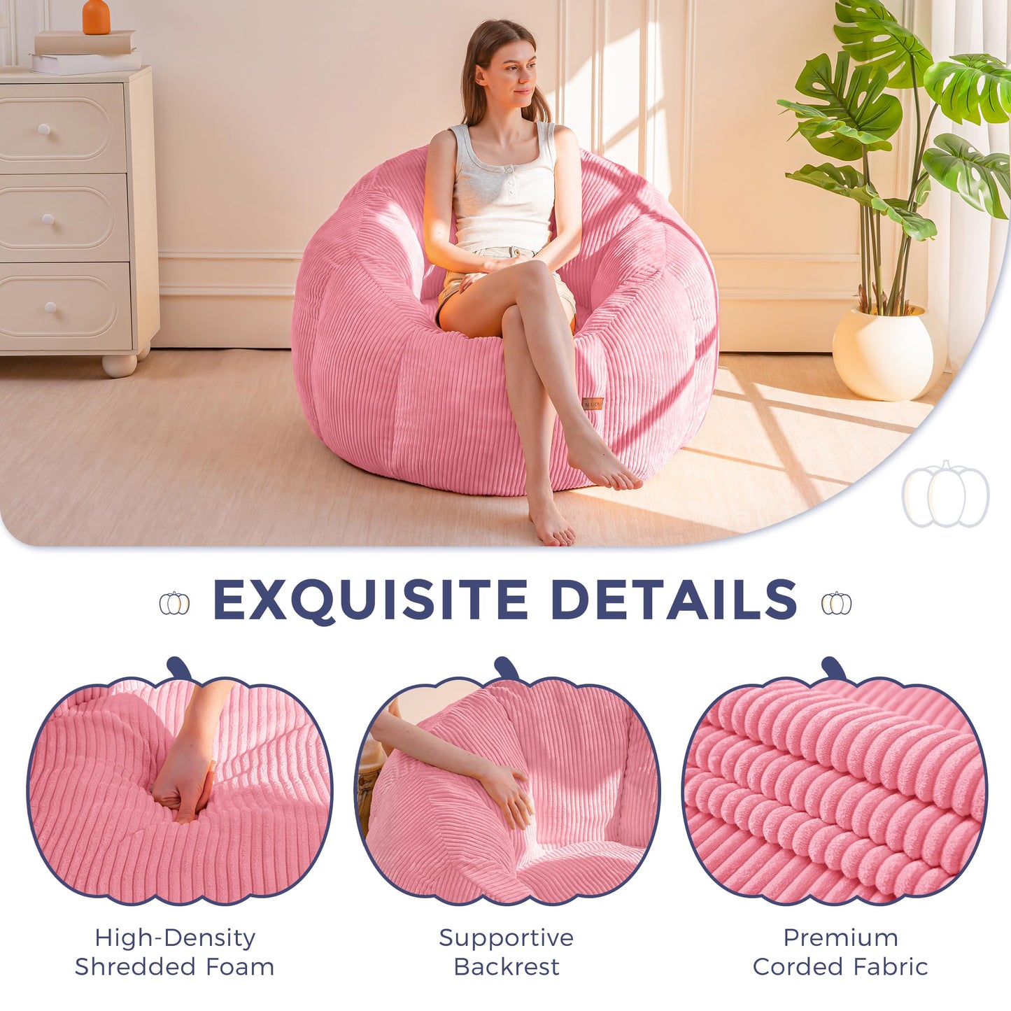 MAXYOYO Bean Bag Chair,Pumpkin Shaped Bean Bag Sofa Includes Filling,Comfy Corduroy Beanbag Sofa for Living Room Bedroom