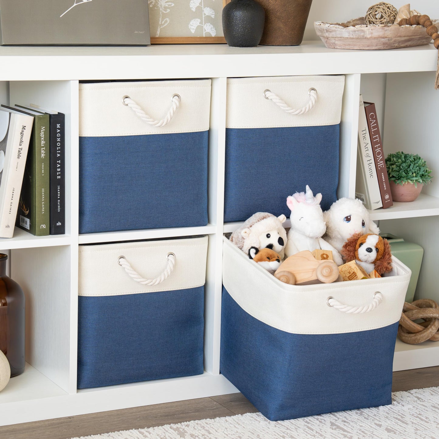 OrganiHaus Fabric Storage Boxes, Set of 3 Foldable 33X33 Cube Organiser Bins with Rope Handles for Shelves, Nursery & Closet