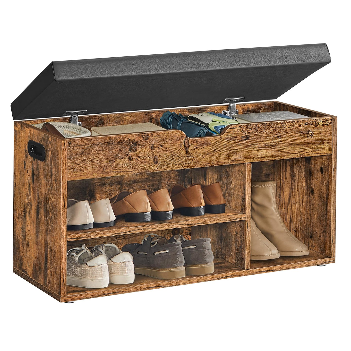 VASAGLE Shoe Bench with Cushion, Storage Bench with Padded Seat, 3 Compartments, Hidden Storage, Shelves, Living Room Lounge Hallway Bedroom, Load