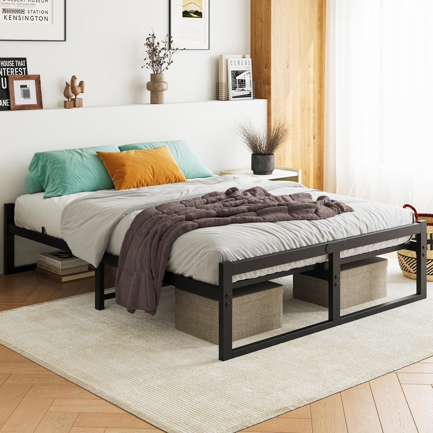VECOCHO Bed 140 x 200, Bed Frame 140 x 200 cm with Metal Slatted Frame, Black