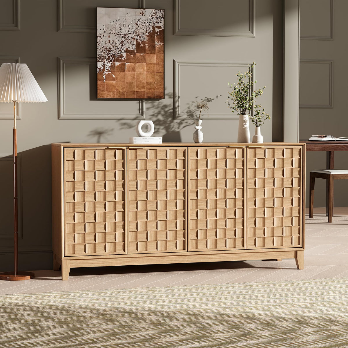 COLAMY Sideboard Cabinet, Wooden Sideboard Cabinet with 4 Doors, Textured Design, Adjustable Shelves, Soft Close Hinges