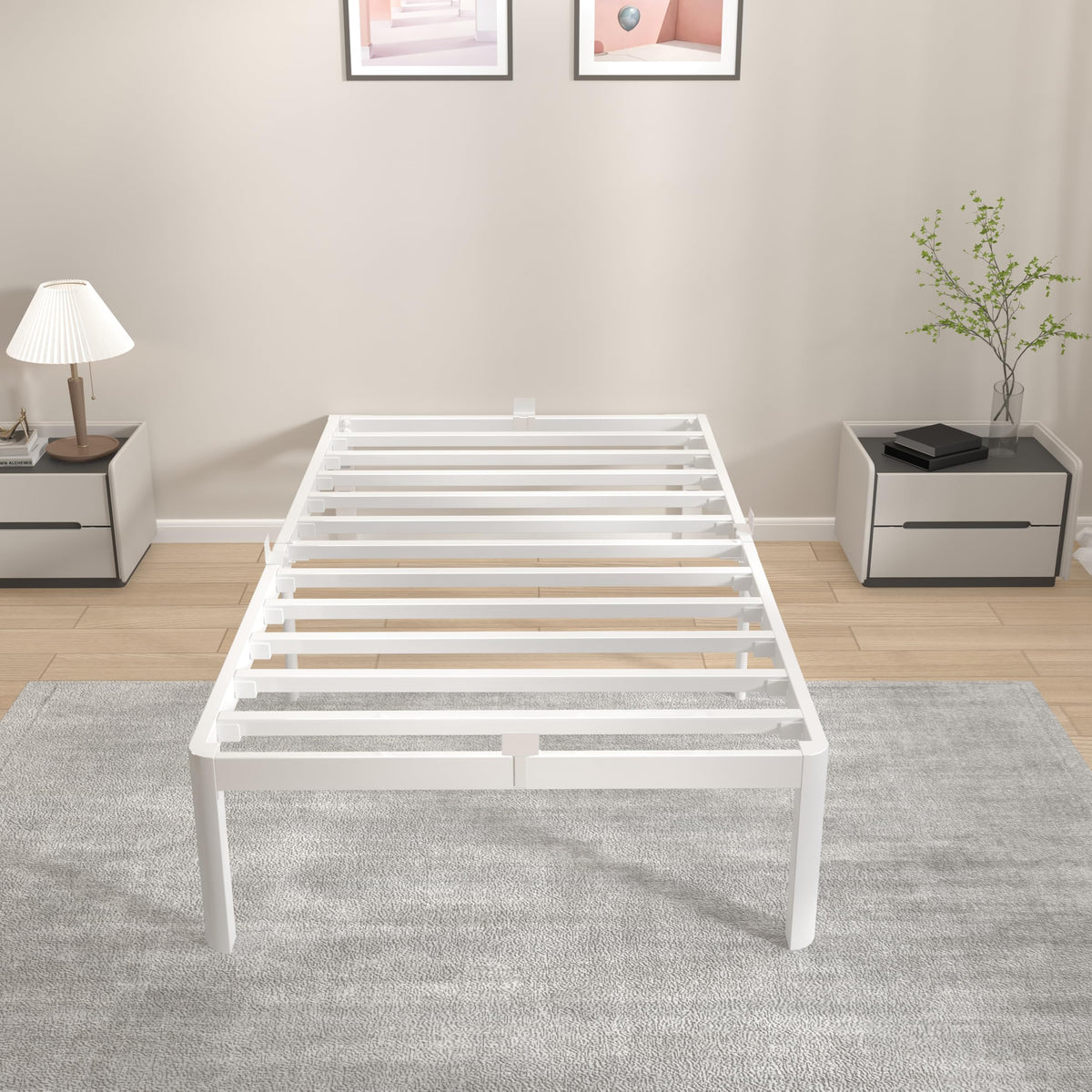 KVLKBV Single Bed Frame 90 x 190 cm,White Bed Frame with Metal Anti-slip Gasket and Large Storage Space Under Bed - Suitable for Bedroom, Guest Room