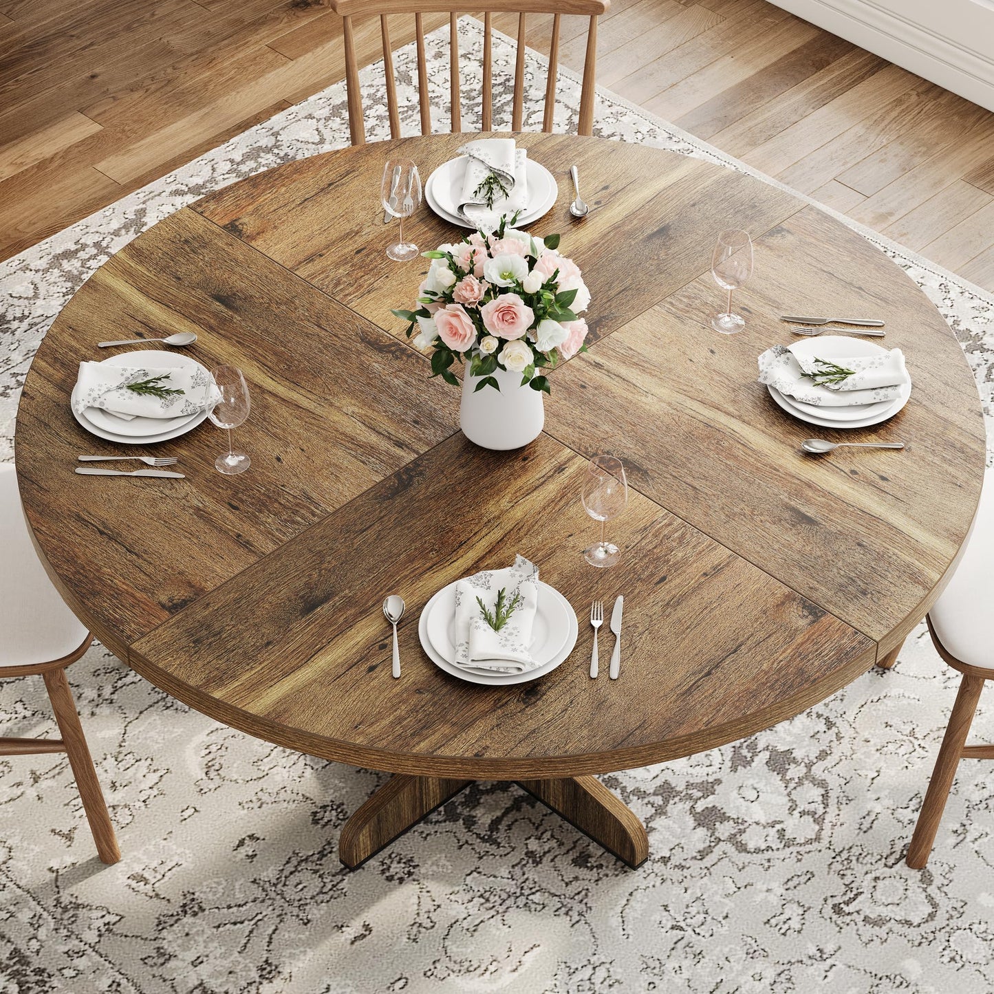 Crevyteg 47.2in Round Dining Table for 4-6 People, Farmhouse Kitchen Table with Wooden Tabletop and Legs