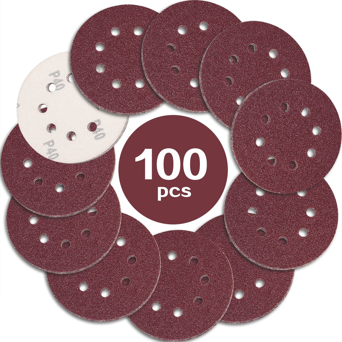 STEBRUAM 100PCS 125mm Sanding Discs 40 Grit, 5 Inch 8 Hole Hook and Loop Sanding Pads for Random Orbital Sander