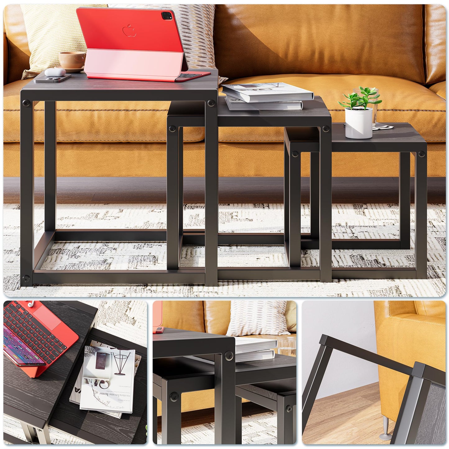 DUMEE Nesting Tables Set of 3 Wooden Coffee Table Side End Tables Sturdy Steel Metal Frame Living Room Bedroom,Space Saving Stacking Nightstand