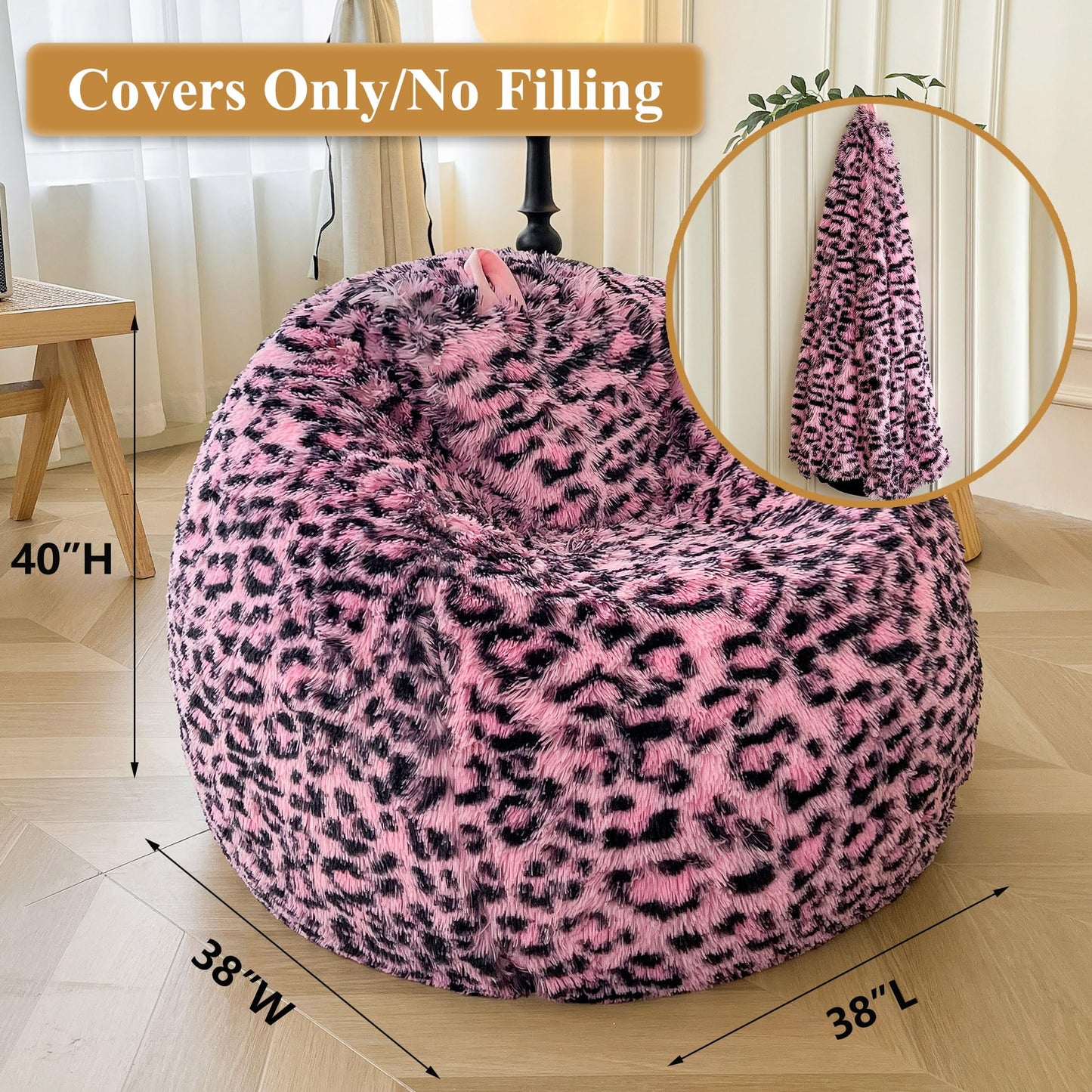 XeGe Faux Fur Leopard Print Bean Bag Chair Cover(No Filler), Black and Pink
