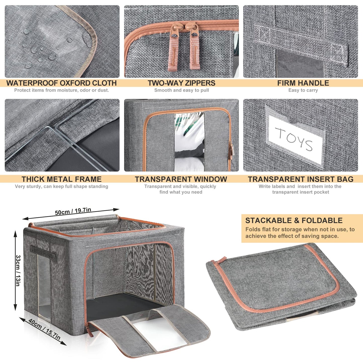 Steel Frame Storage Box, 66L Clothes Storage Bag with Double Opening Zipper,Thick Cotton Linen Protect from Moisture Dust,Perfect for Clothing Toys