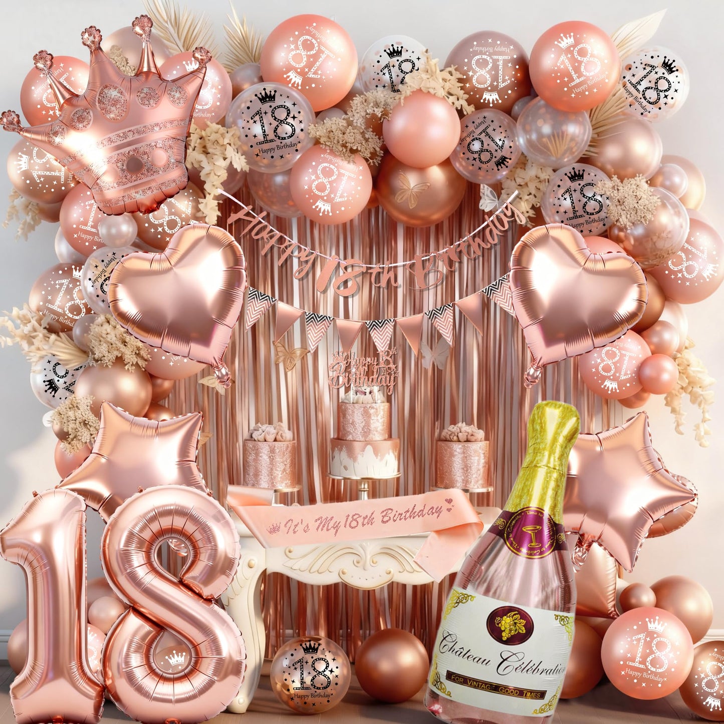 Rose Gold 18th Birthday Decoration for Girls - Happy 18th Birthday Banner, Triangle Flag Banner, Number 18 Balloons, Foil Curtains for Party