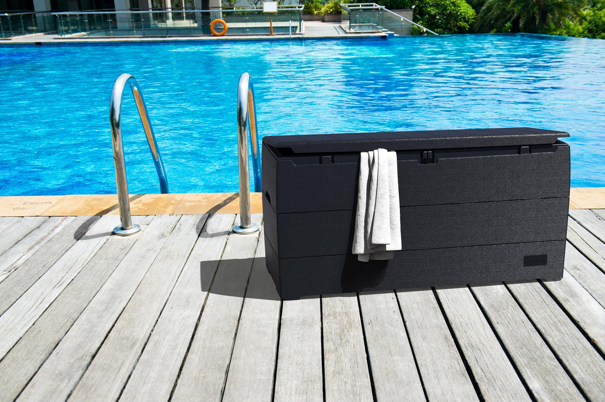 Duramax Cedargrain Durabox 270 Litre/ 71 Gallons plastic storage box, Outdoor Deck Garden Furniture Organizer, Lockable Lid, Plastic Cushion Box with
