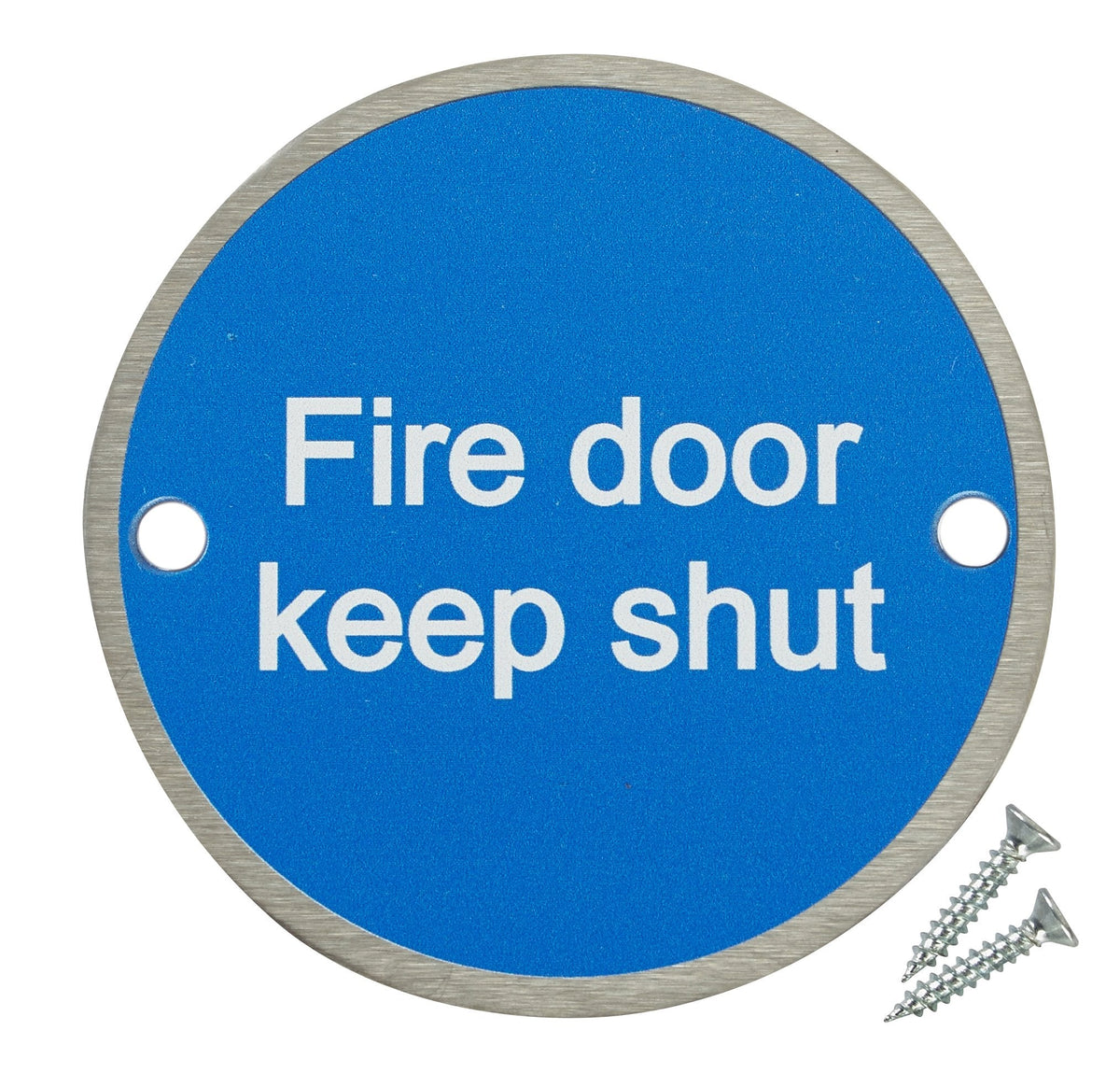 Fire Door Guru? Pack of 20 Fire Door Keep Shut Sign - 76mm Disc ? Stainless Steel Safety Sign - Fixings Included