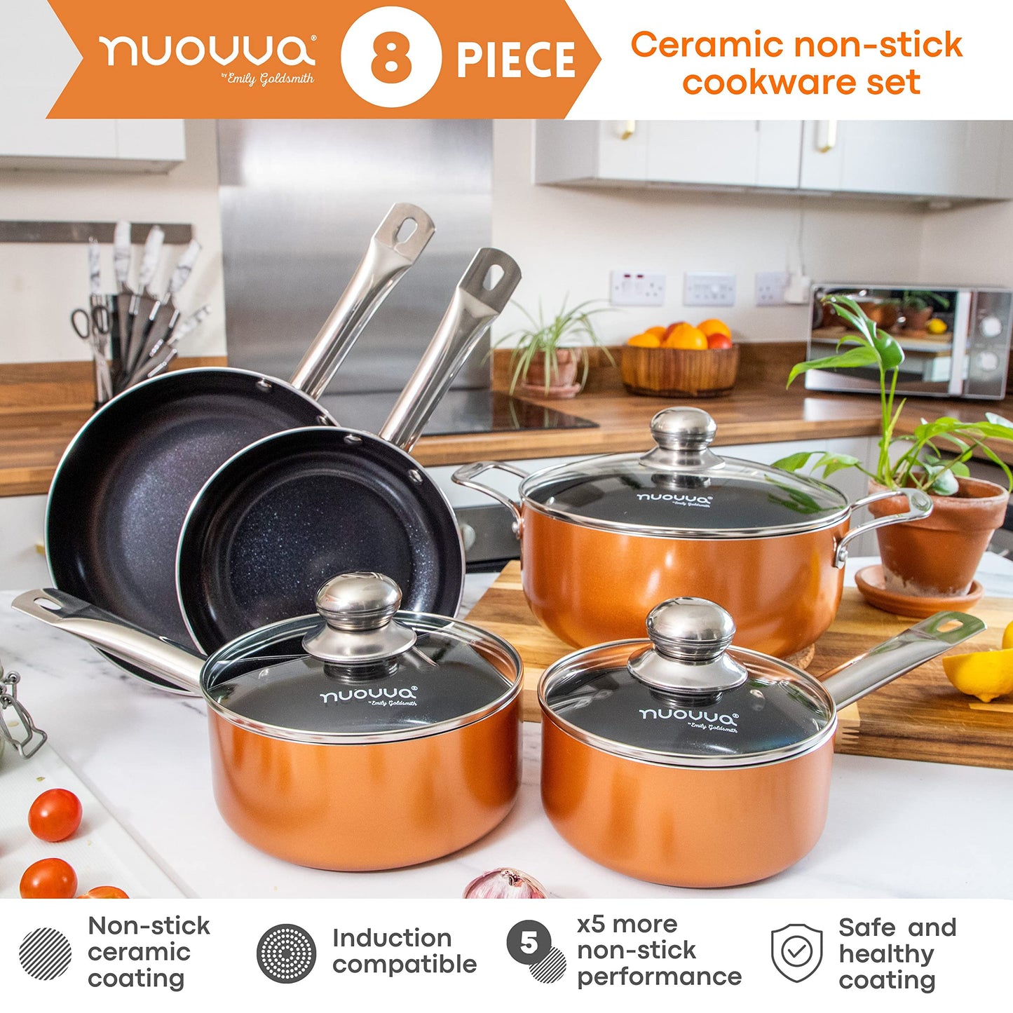 Non Stick Pots and Pans Set  Induction Hob Pots Set  8pcs Kitchen Cookware with Lids  Cooking Copper Saucepan Pots and Frying Pans  by Nuovva