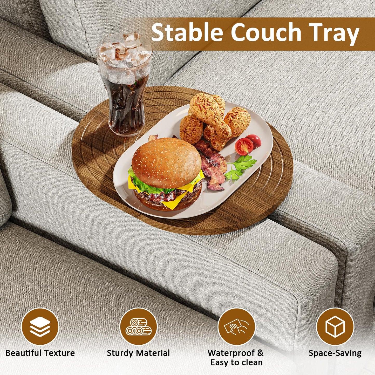 Asgolion Sofa Tray, 40 x 32 cm, Insert & Flat Sofa Organiser, Walnut