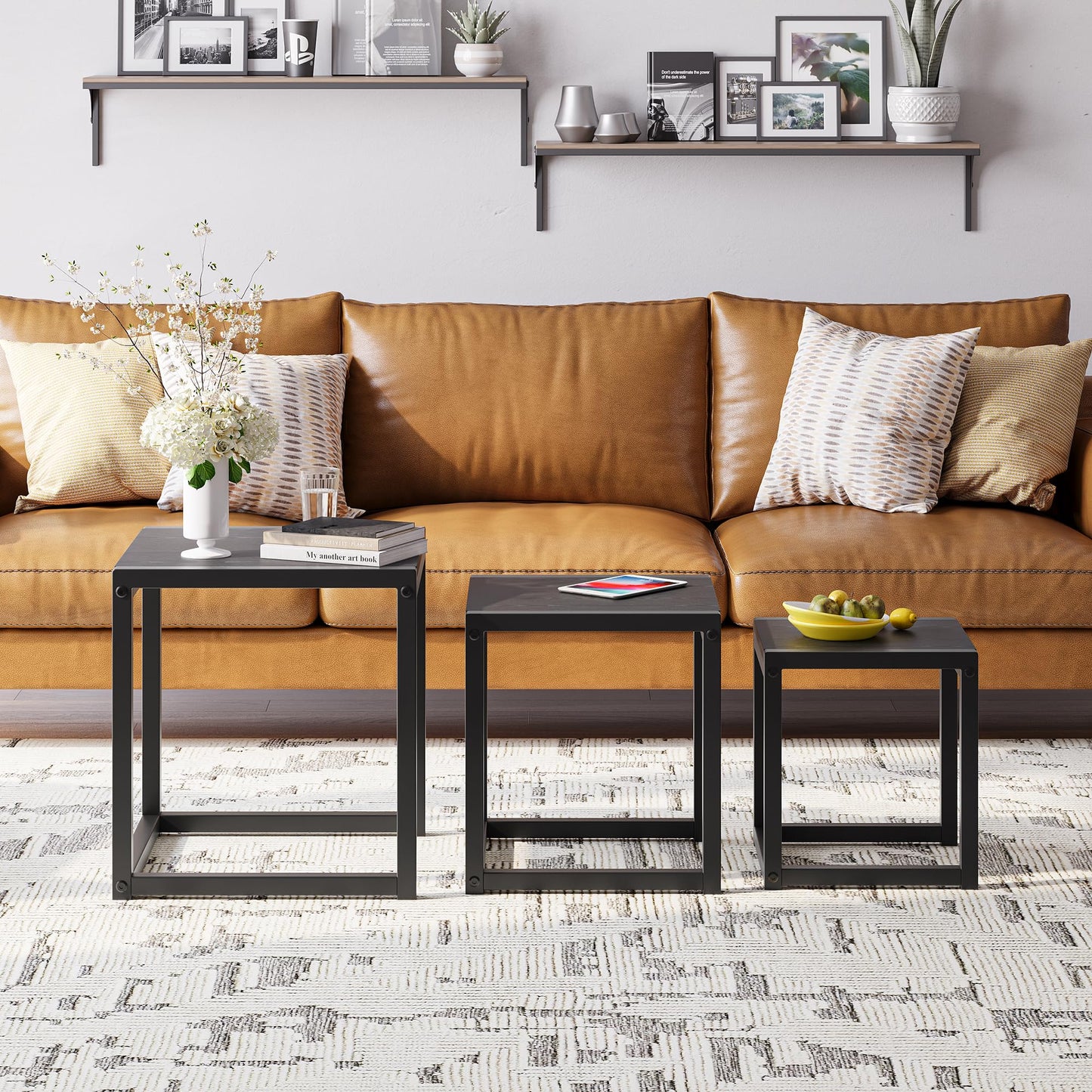 DUMEE Nesting Tables Set of 3 Wooden Coffee Table Side End Tables Sturdy Steel Metal Frame Living Room Bedroom,Space Saving Stacking Nightstand
