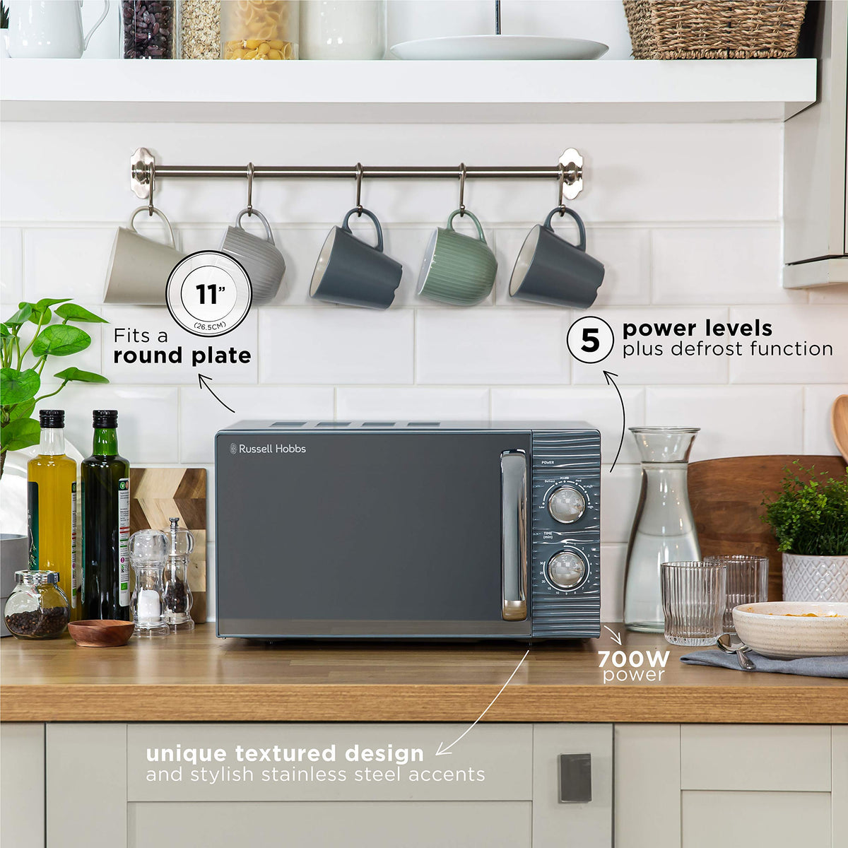 Russell Hobbs RHM1731G Inspire 17L 700w Grey Solo Manual Microwave with 5 Power Levels, Timer, Defrost Setting, Easy Clean