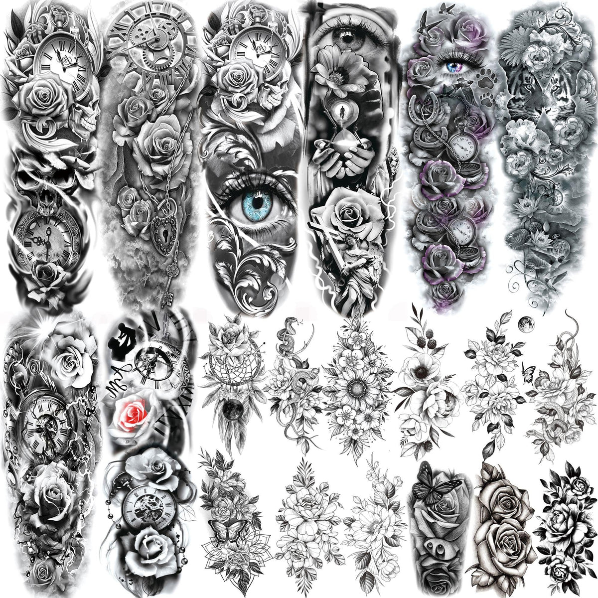 20 Sheets Sexy Rose Flower Full Arm Temporary Tattoos For Women Adults Thigh, Black Tribal Eye Gear Peony Florals Eye Compass Clock Fake Sleeve