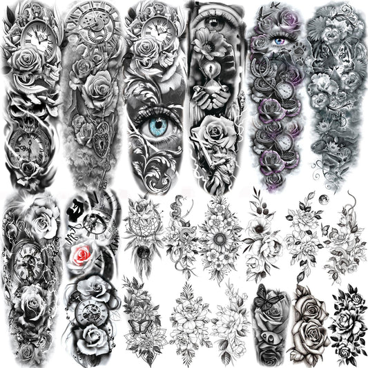 20 Sheets Sexy Rose Flower Full Arm Temporary Tattoos For Women Adults Thigh, Black Tribal Eye Gear Peony Florals Eye Compass Clock Fake Sleeve