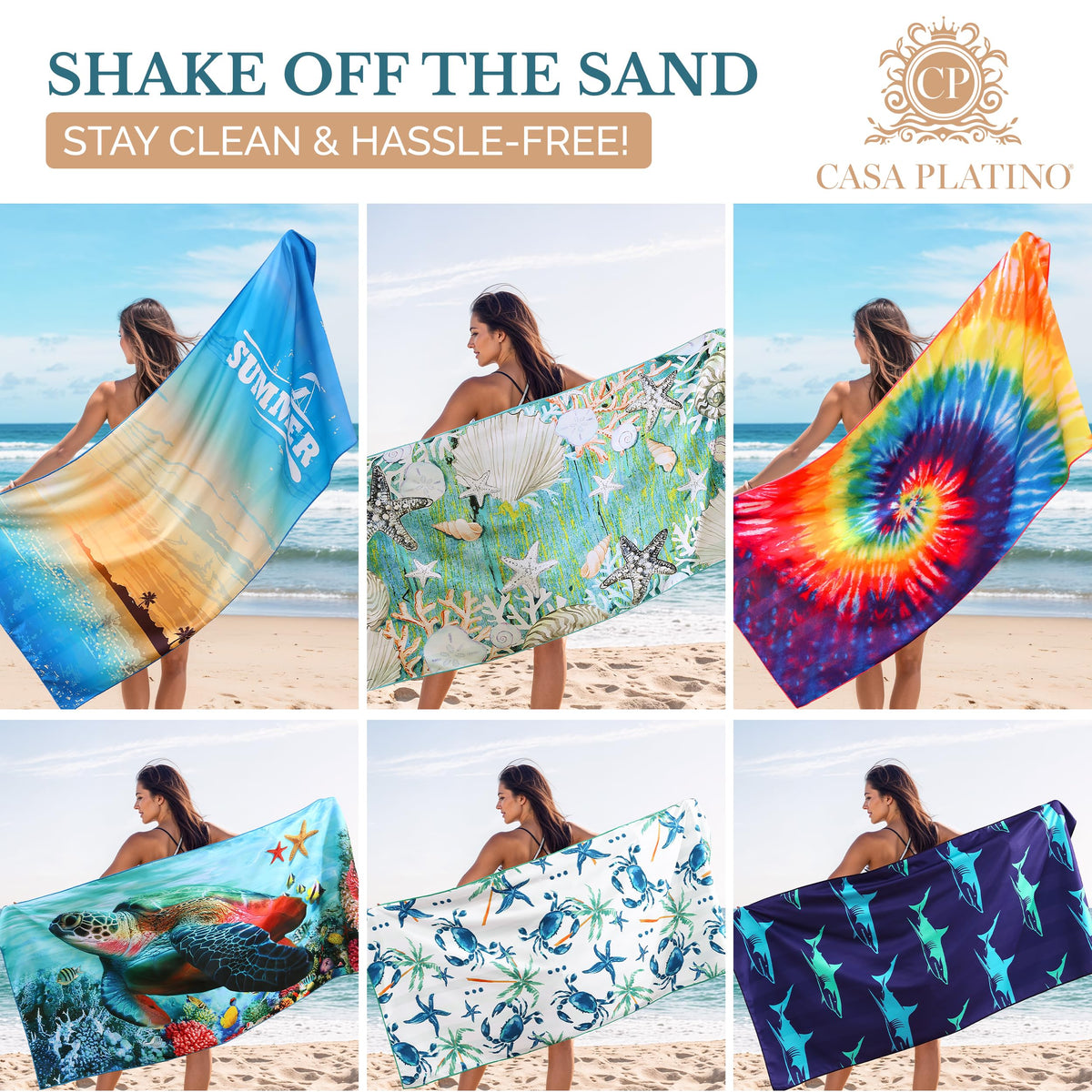 Casa Platino 6-Pack Oversized Beach Towels – 71"x32" Lightweight, Sand-Free Microfiber – Quick-Dry, Double-Sided Printed Towels for Pool, Swim