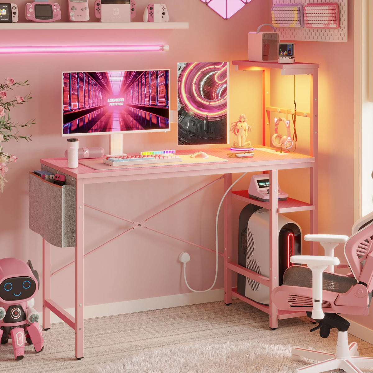 Bestier 113CM Corner Computer Desk with Power Outlets Computer Desk with LED Lights Reversible Writing Table with Side Pocket Storage Bag &