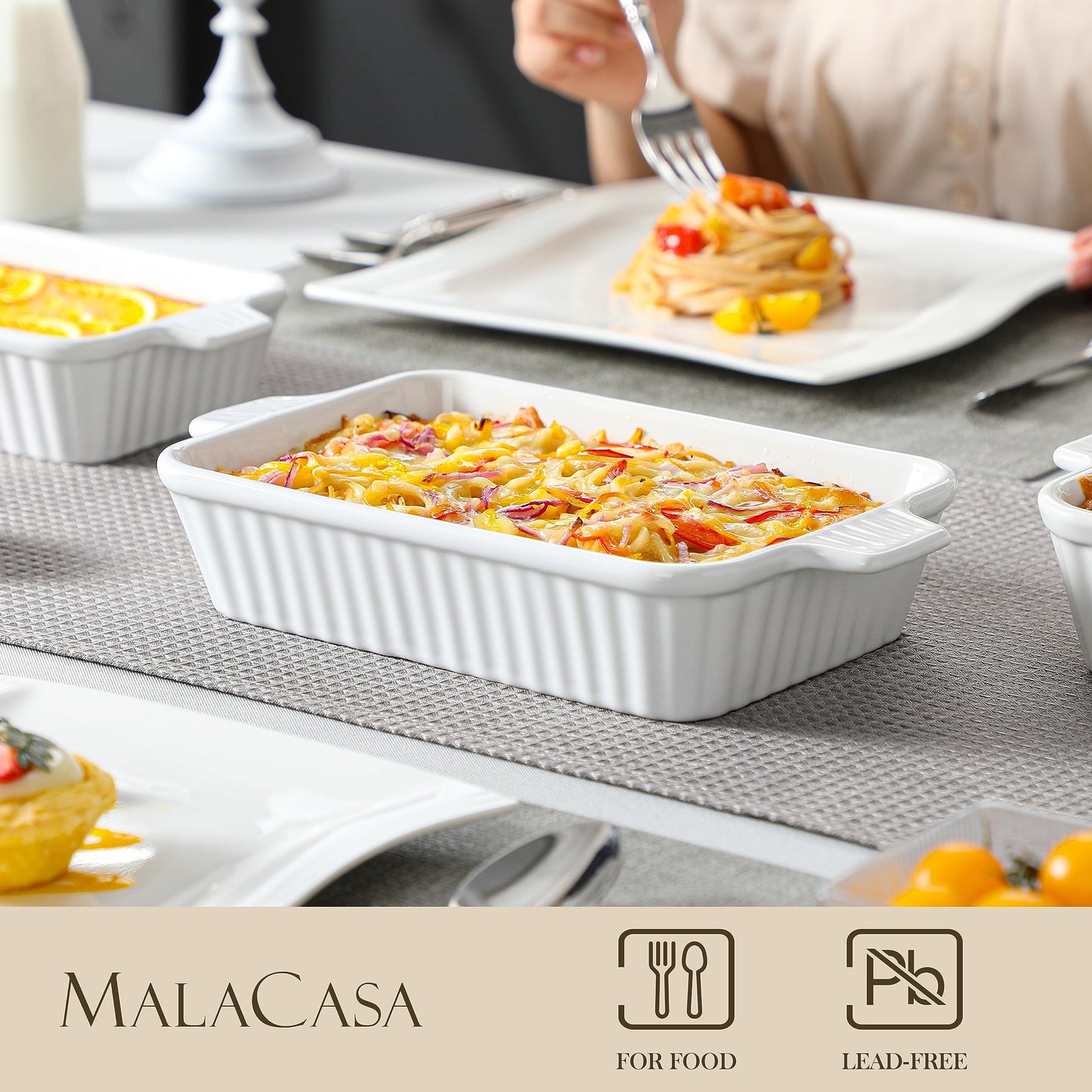 MALACASA, Series Bake, Rectangular Baking Dish Set of 4 (9"/11"/12"/14"), Oven to Table Baking Dish with Ceramic Handles Ideal for