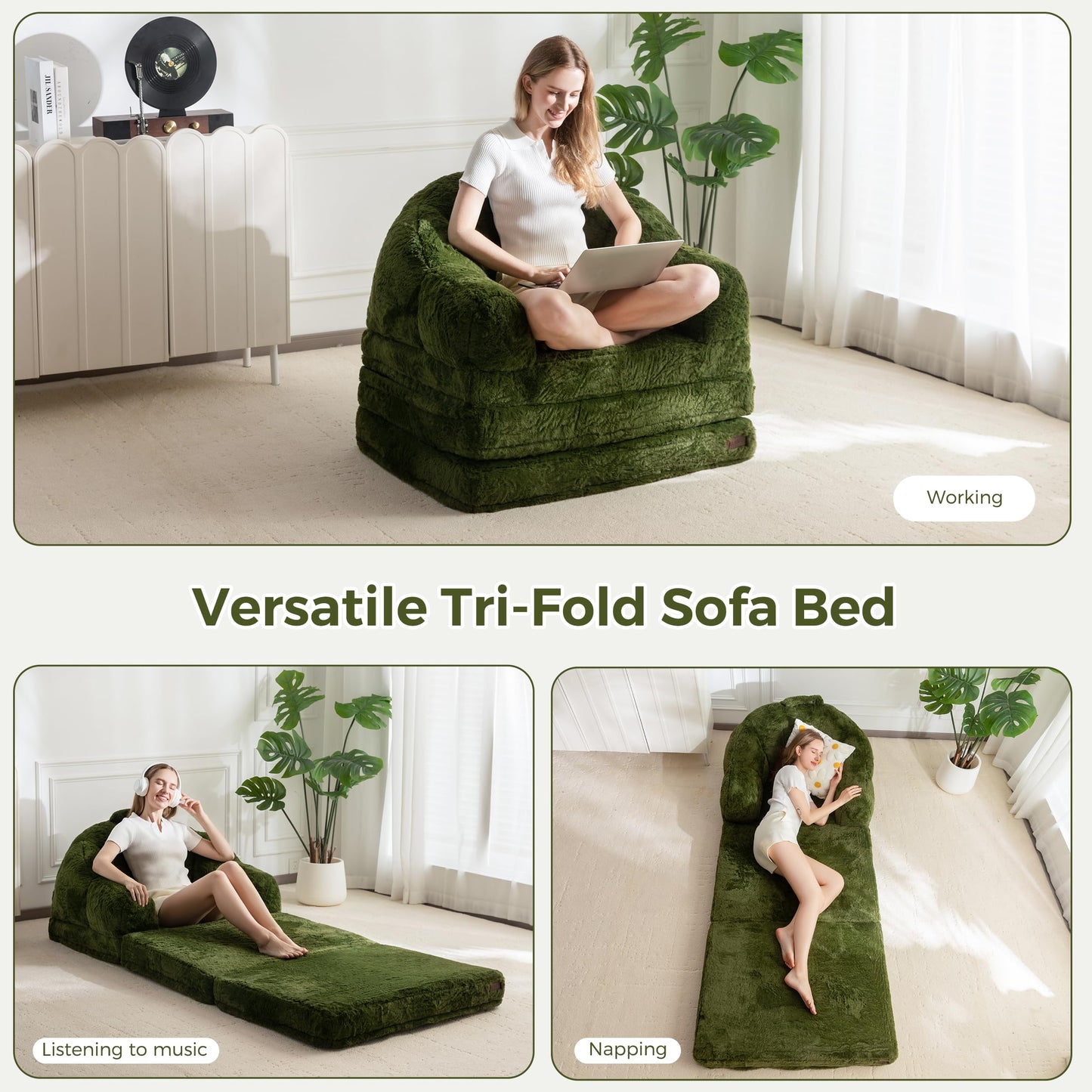 MAXYOYO Single Sofa Bed, Folding Bean Bag Chair, Faux Fur Fabric