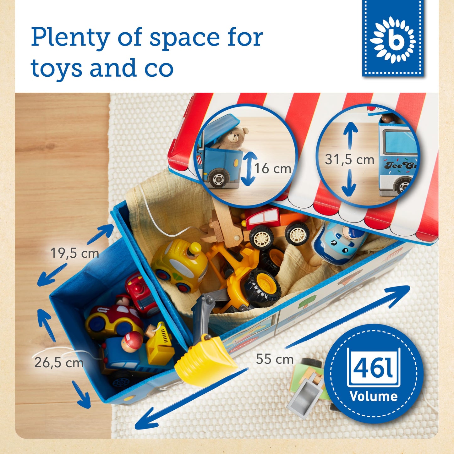 BIECO Ice Cream Storage Box with Lid for Kids, Foldable, Seat, Padded, Toy Box, Toy Chest, Boys & Girls, 46 L, Load Capacity up to 80 kg, Yellow