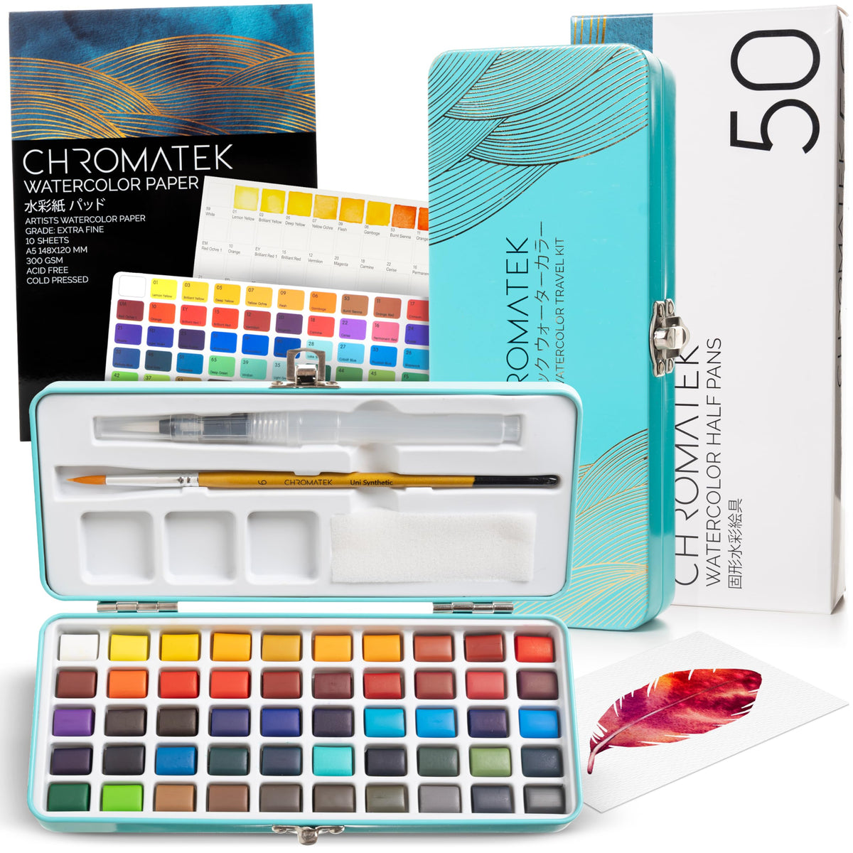 CHROMATEK Watercolour Paint Set ? 50 Vivid colours Including Transparent, Opaque & Pastel ? Art Kit with Brush, Water Pen, Palette, colour Chart,