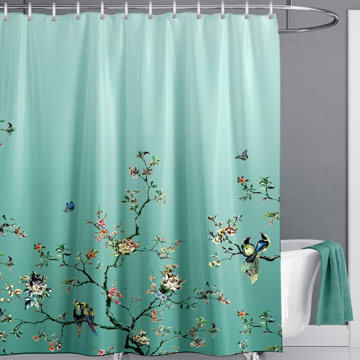 LIVETTY Ombre Green Bird Extra Long Shower Curtain 180cm ? 200cm Drop Floral Butterfly Fabric Bathroom Mould Proof Spring Washable Shower Curtain With