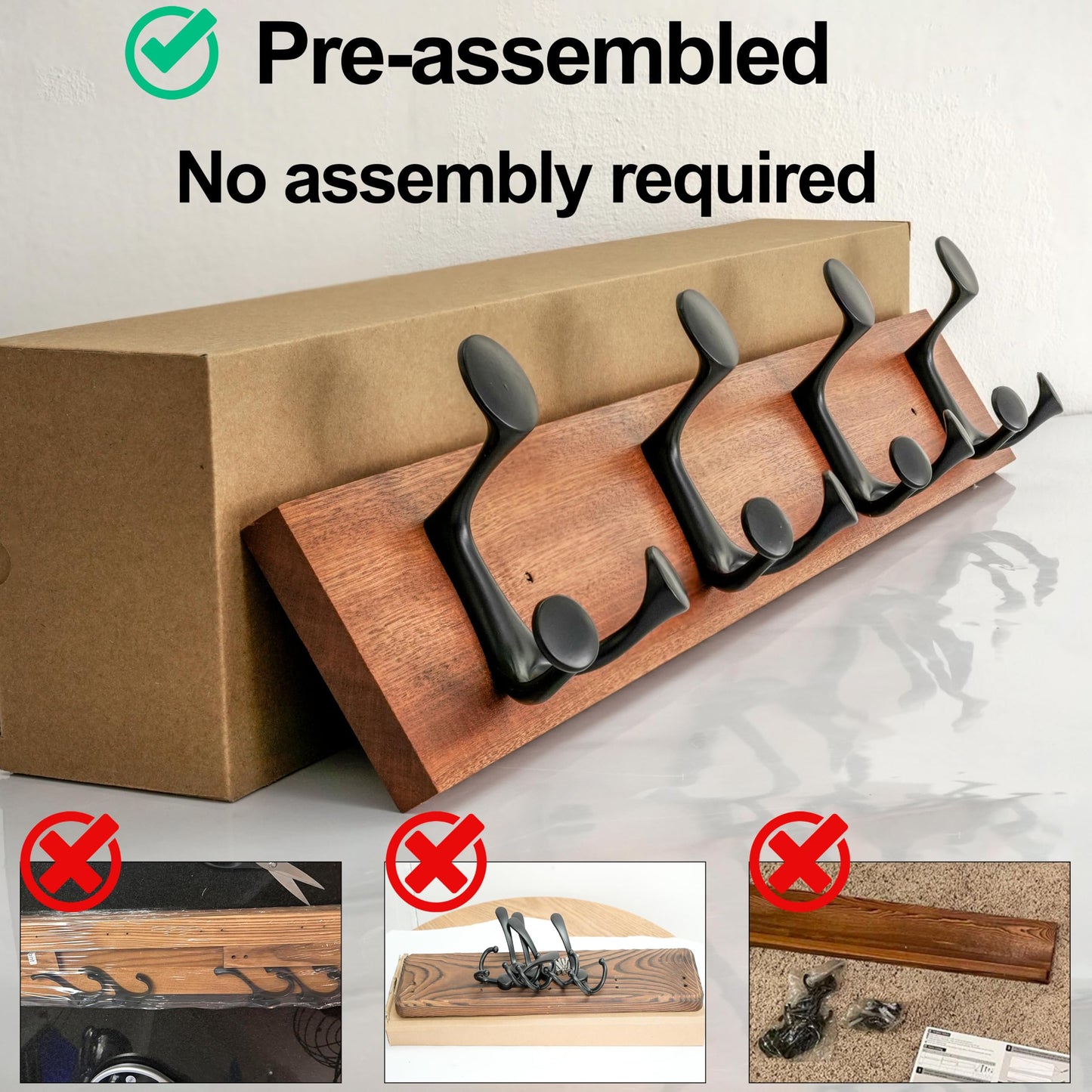 HONSKY Wall Mounted Coat Rack, 61cm Solid Sapele Wood Backboard, 4 Black Sturdy Aluminium Alloy Triple Hooks(12 Hanging Points)
