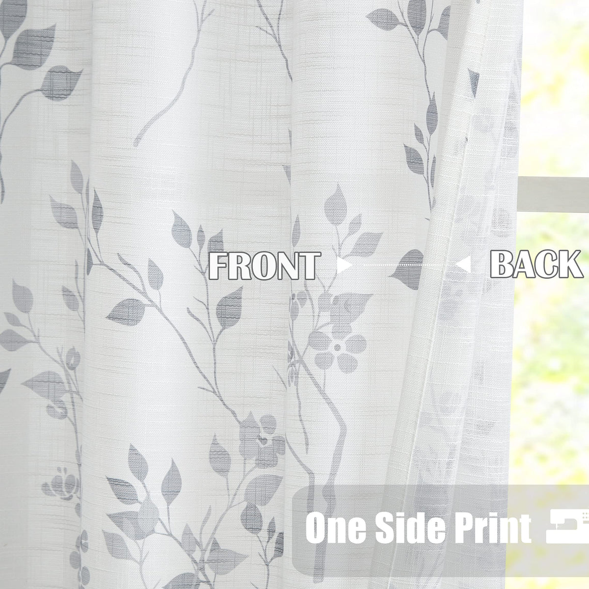 Beauoop Grey Semi Sheer Floral Curtains for Living Room 90 Drop Linen Textured Farmhouse Curtains for Bedroom Leaf Printed Eyelet Rustic Drapes Window